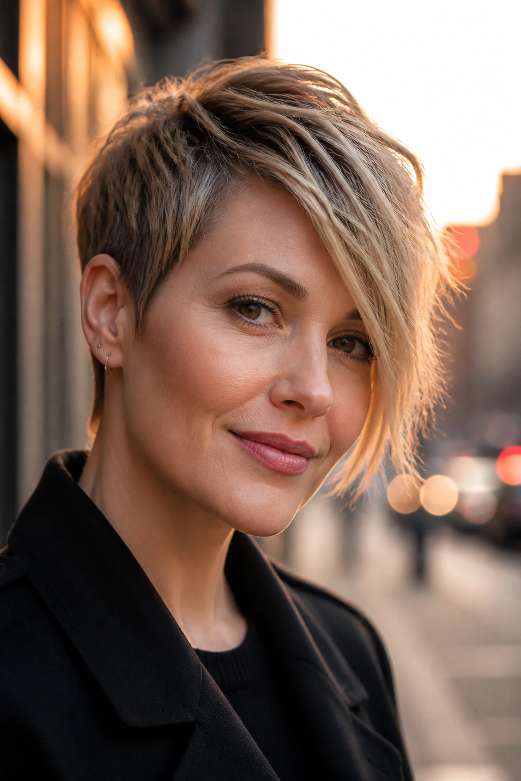 Real woman with asymmetrical pixie sweep hairstyle on city street