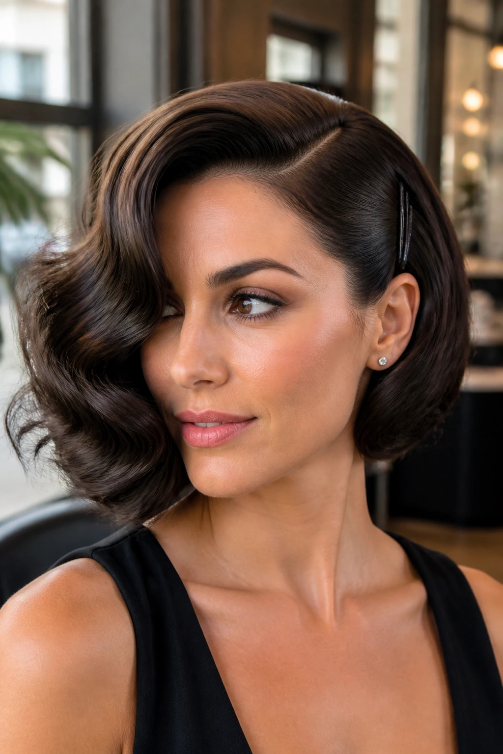 Close-up of a real woman showing an off-center S-wave and pinned side in a softly lit salon setting