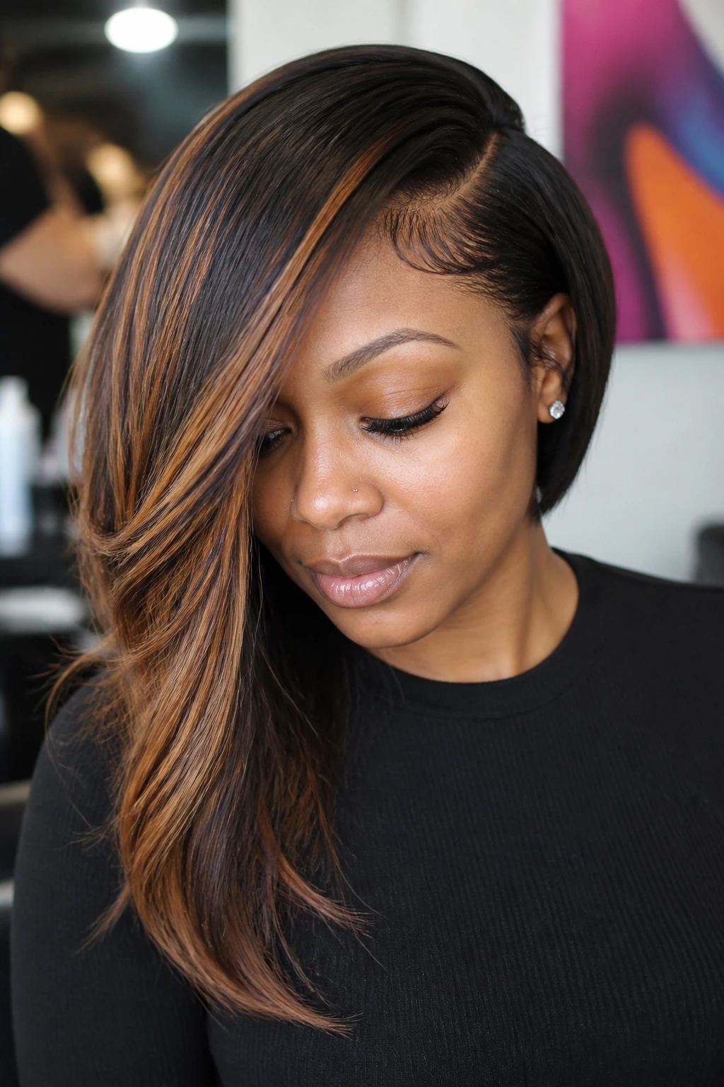 Close-up of a real woman with an asymmetrical sew-in and contour caramel.
