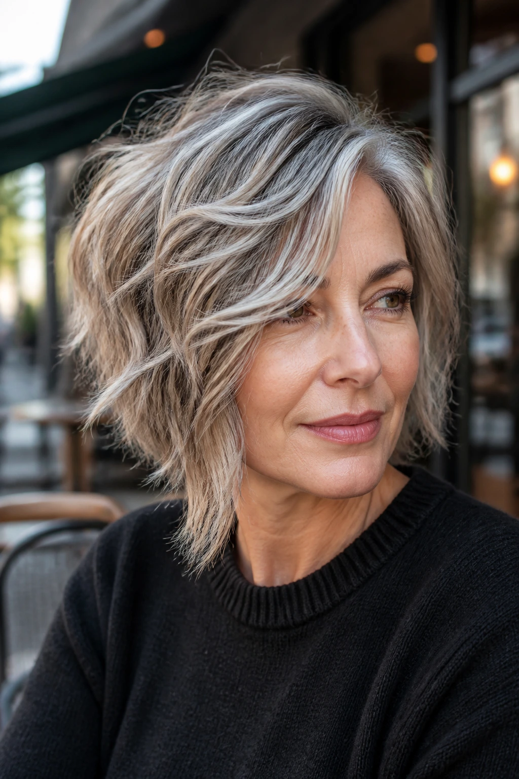 Real woman wearing an asymmetrical shag bob with subtle longer side.