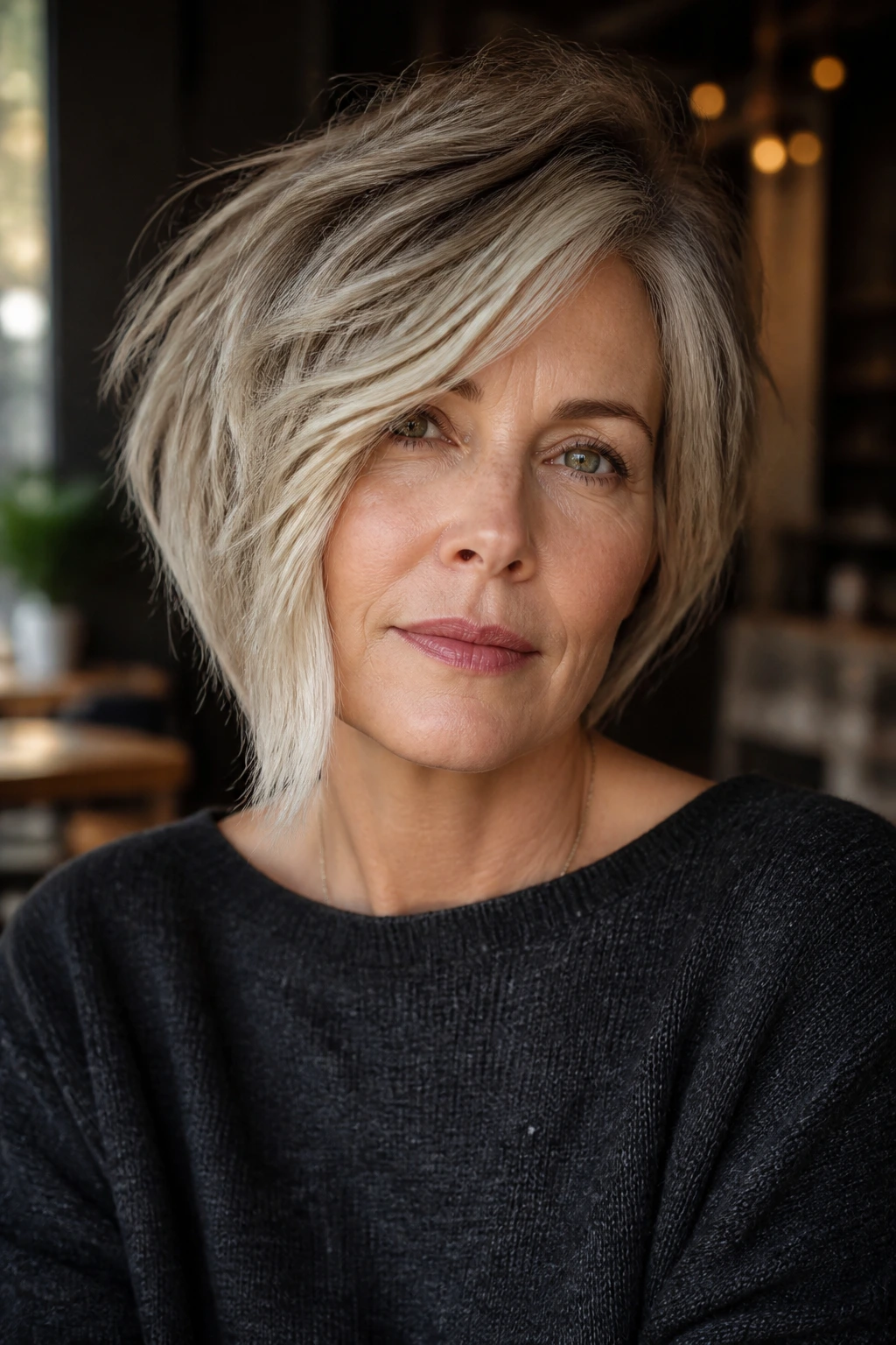 Portrait of a woman with a subtle asymmetrical shag bob