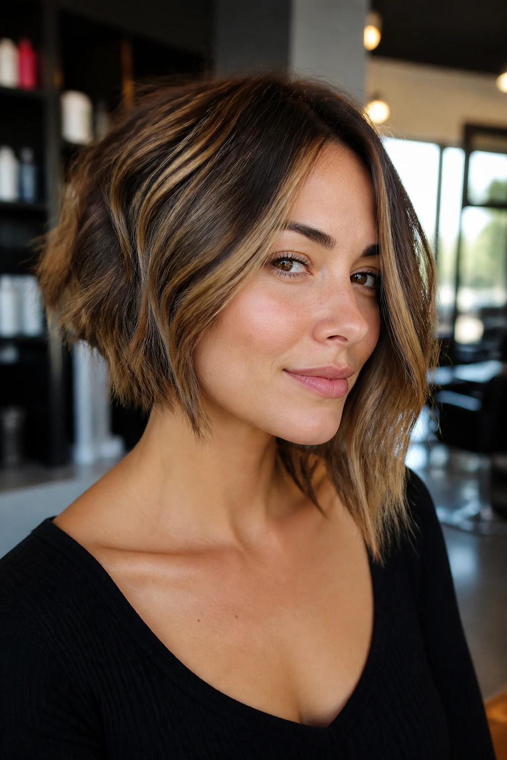 Close-up portrait of a real woman with an asymmetrical shag bob and caramel highlights.