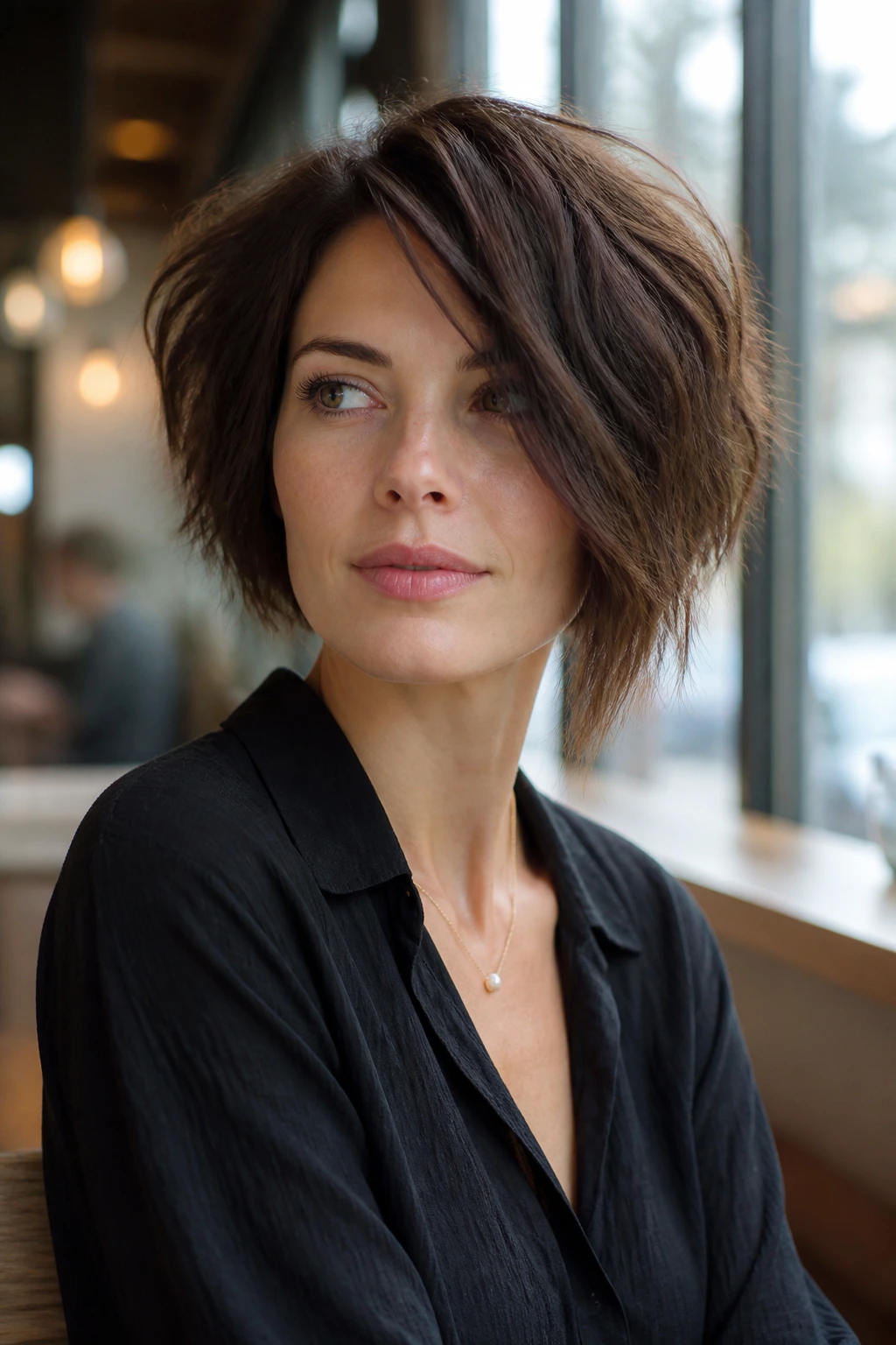 Portrait of a person with an asymmetrical shag bob showing a longer side and off-center part.