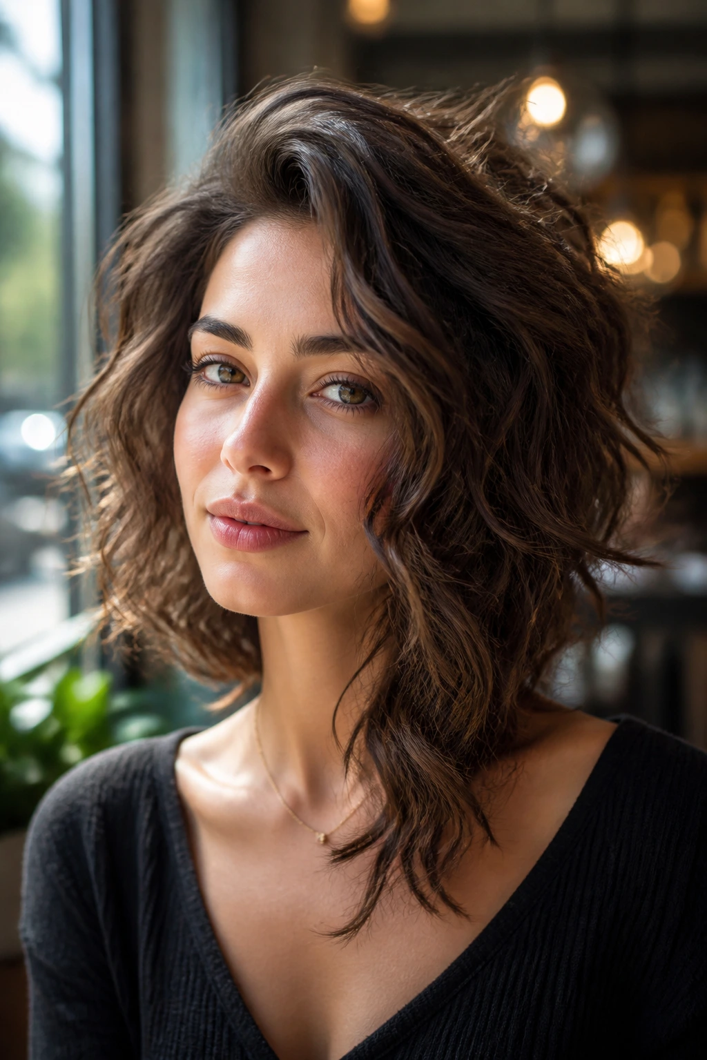 Portrait of a real woman with an asymmetrical shag bob in a cafe window seat.