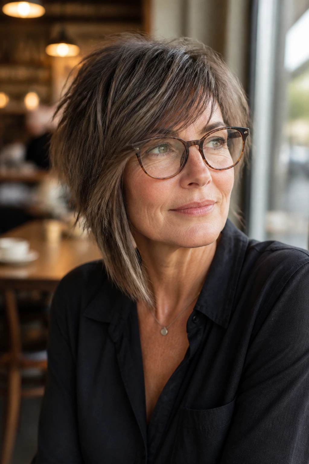Real woman with asymmetrical shag and glasses in a cafe setting.