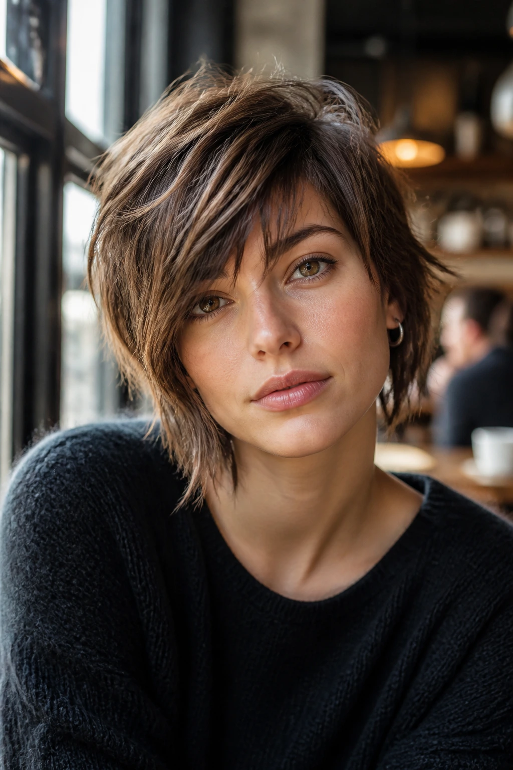 Close-up portrait of a real person with Asymmetrical Shag showing off-center fringe and uneven length