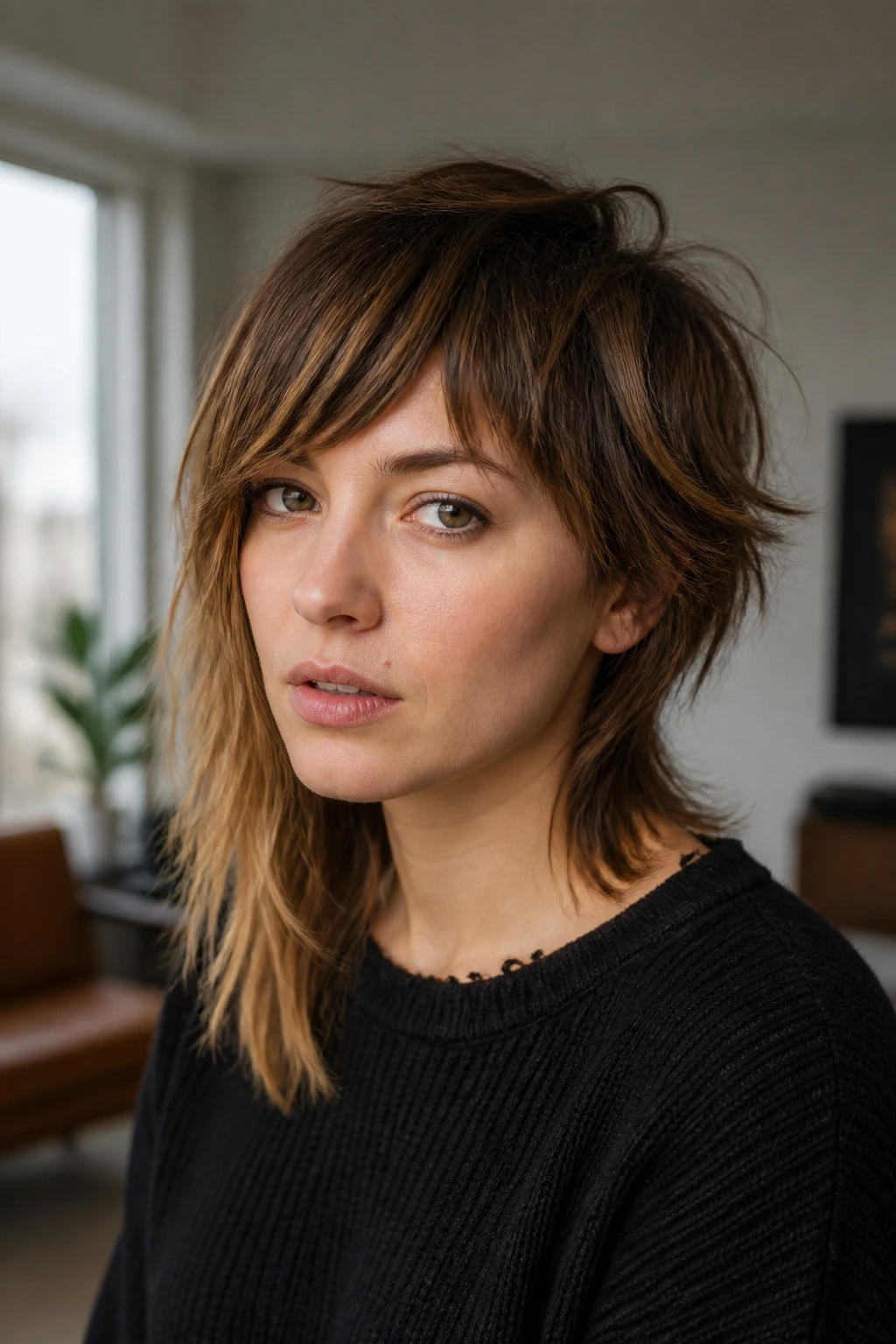 Real woman with subtle asymmetrical shag hairstyle