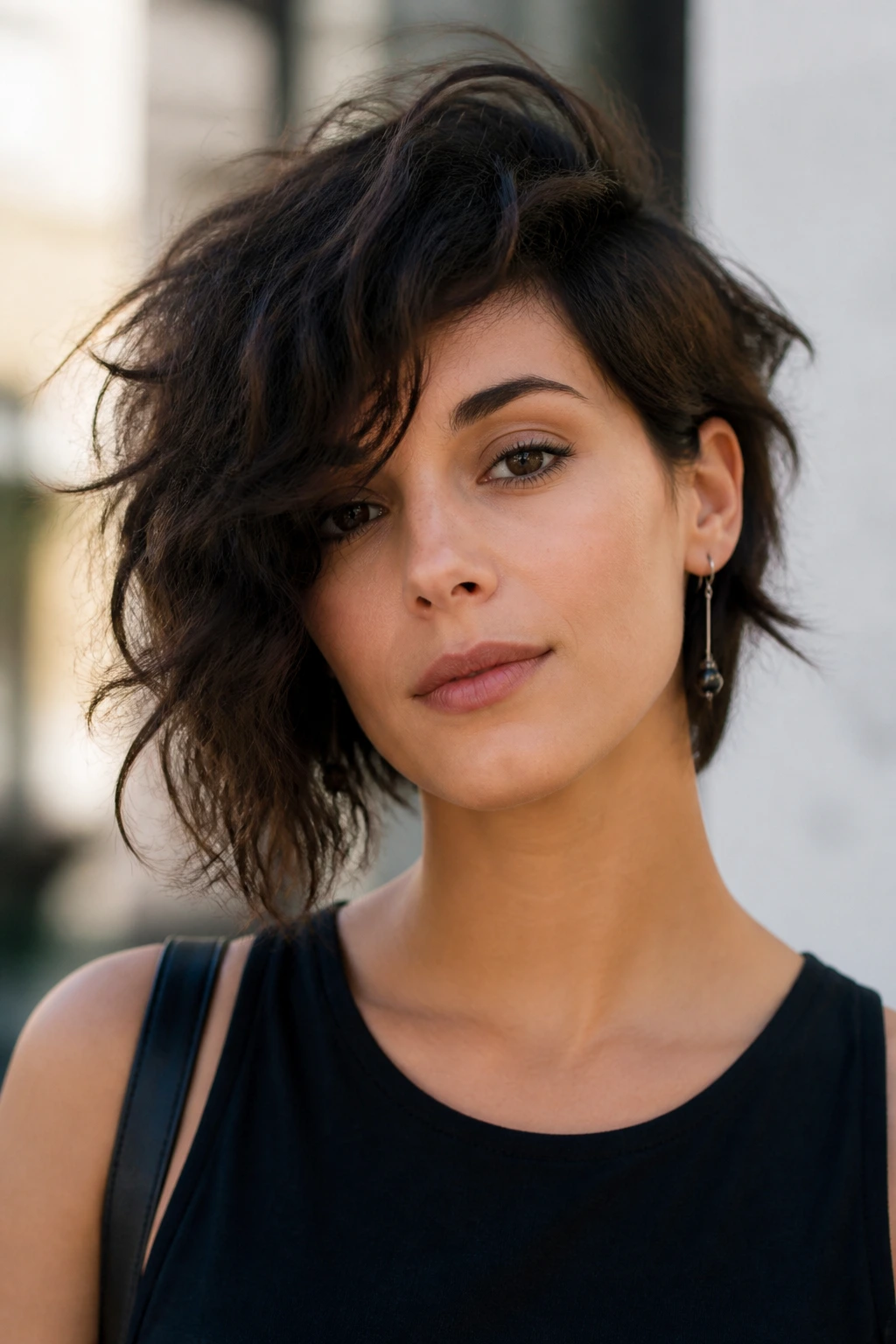 Portrait of a real person with an asymmetrical shag and uneven hair length