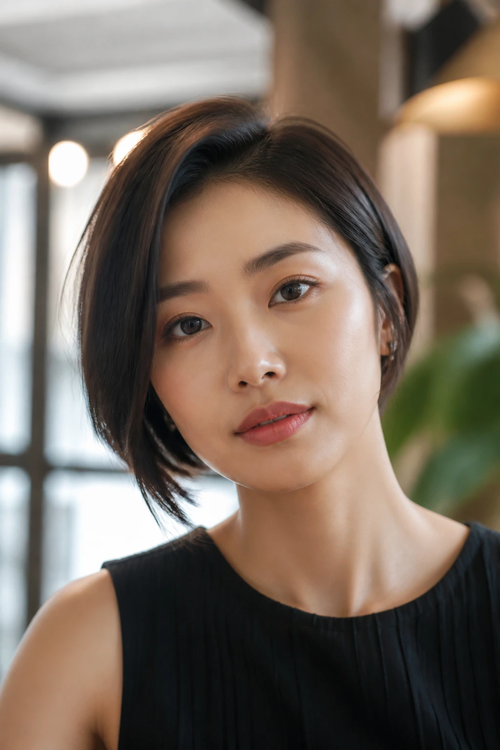 Portrait of asymmetrical short bob with subtle difference in length