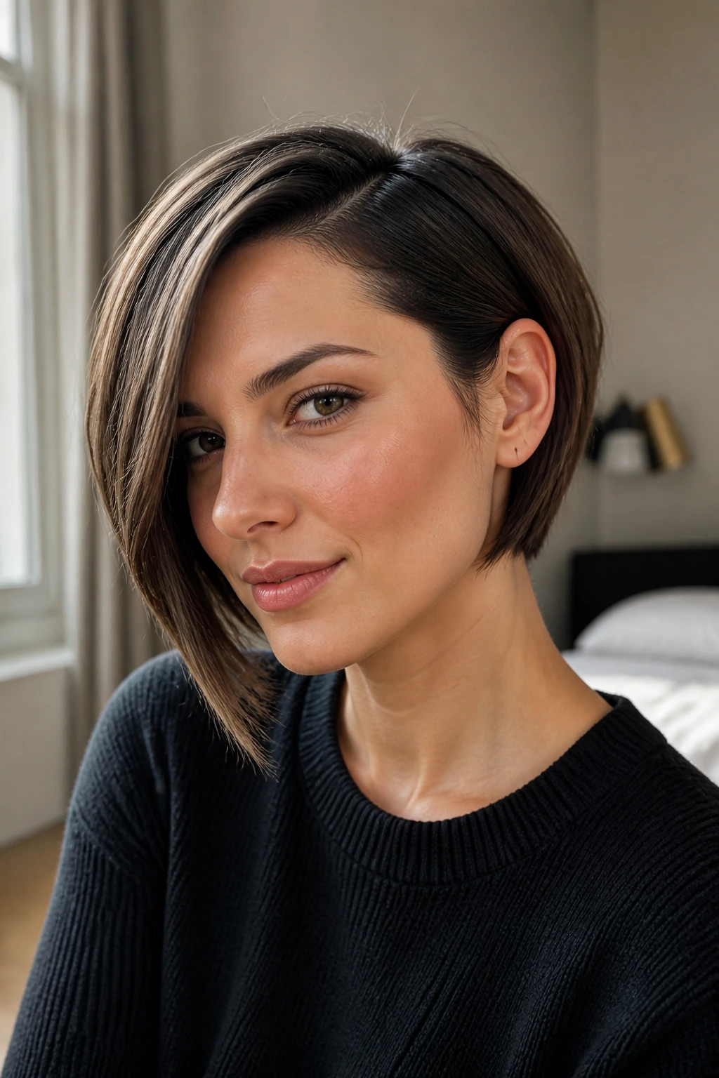 Close-up of a real person with tucked-behind-ear asymmetrical cut showing face-framing contrast.
