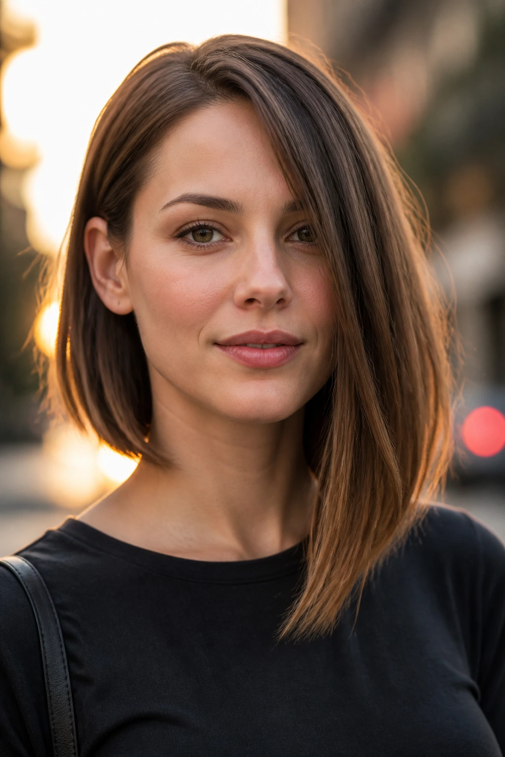 Portrait of a real woman with an asymmetrical shoulder sweep hairstyle.
