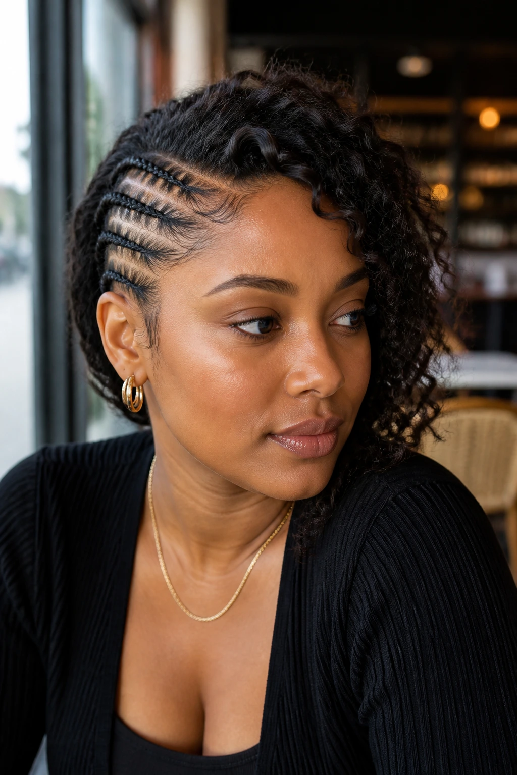 Close-up of a real woman with asymmetrical side panel cornrows