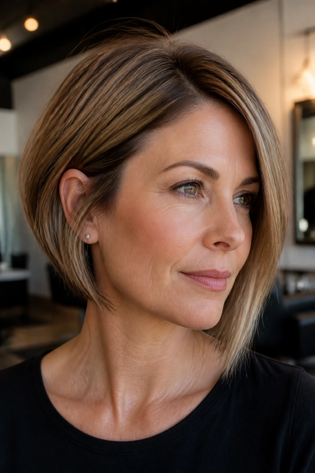 Portrait of real woman with asymmetrical side-part bob and lift at roots