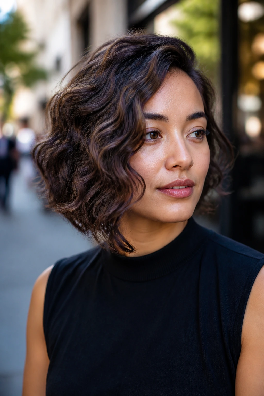 Close-up of a real woman with an asymmetrical side-part bob and curly hair