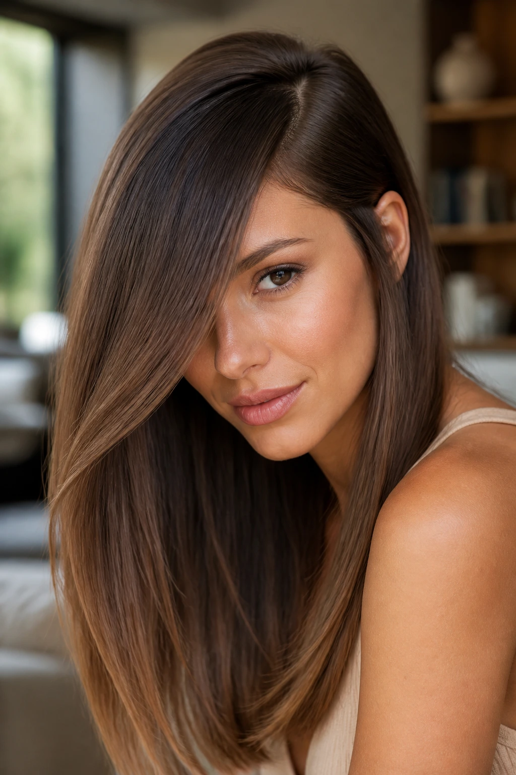 Close-up of a woman with an asymmetrical side part and long fringe on straight hair.