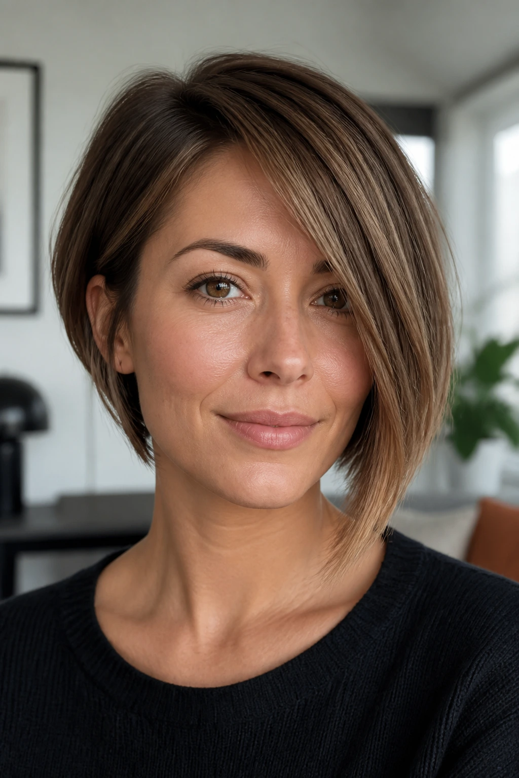 Real woman with asymmetrical side-sweep bob, longer side adds direction.