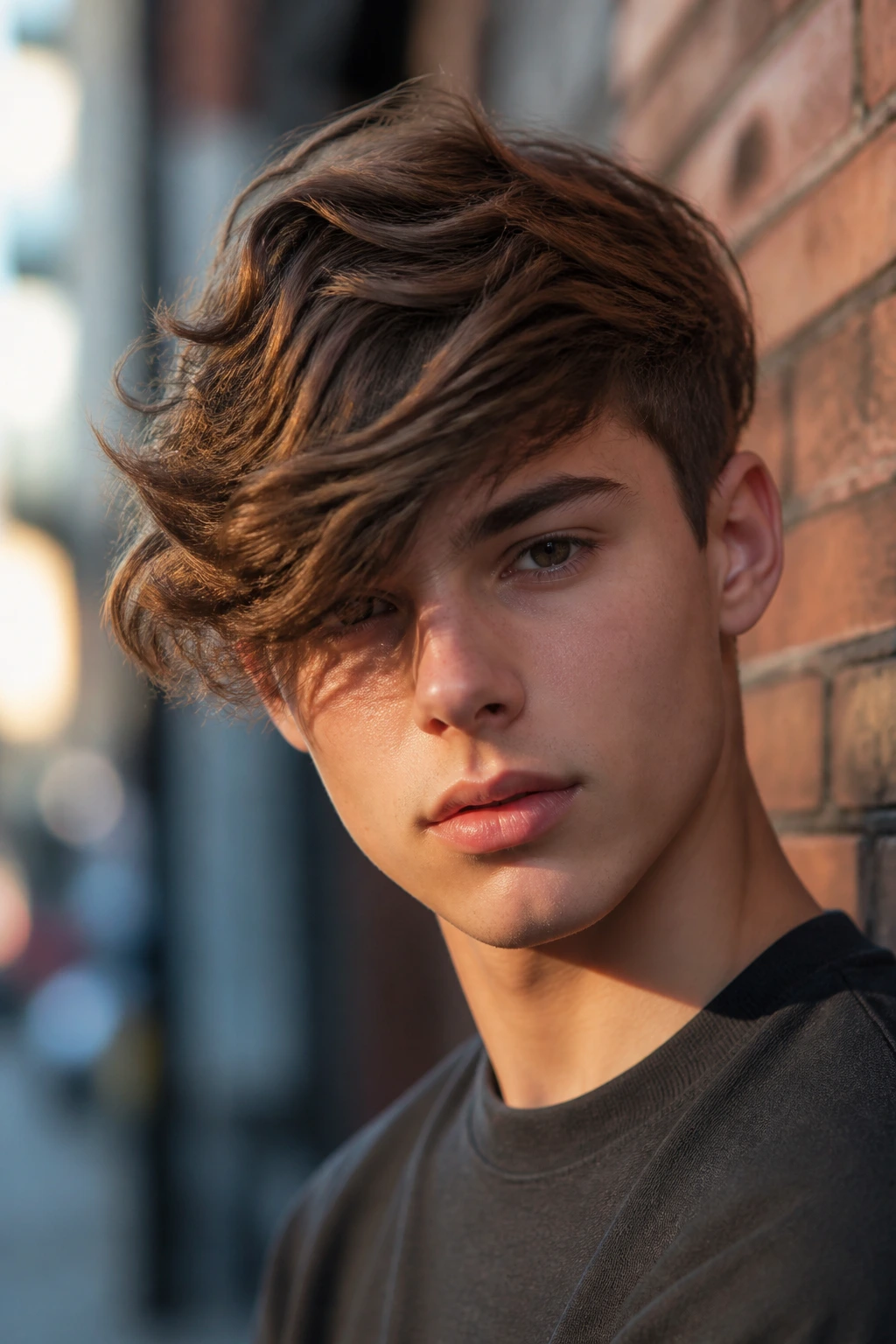 Portrait of a real boy with an asymmetrical side sweep hairstyle