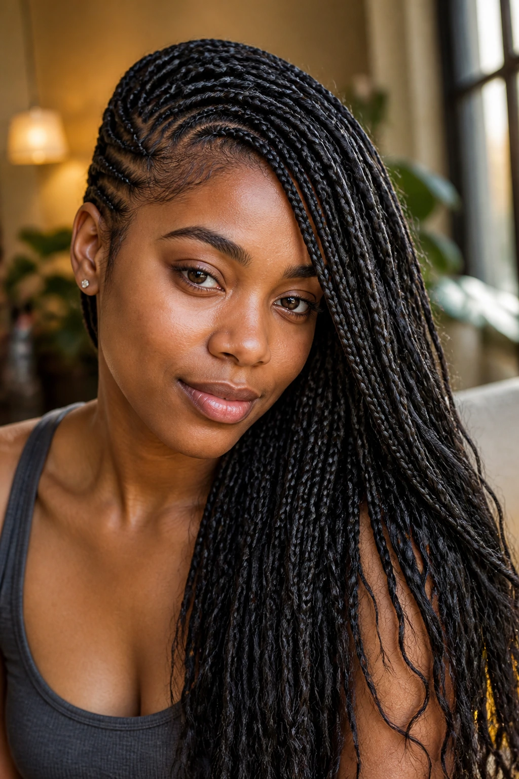 Close-up portrait of a real woman with asymmetrical side-sweep braids under soft window light