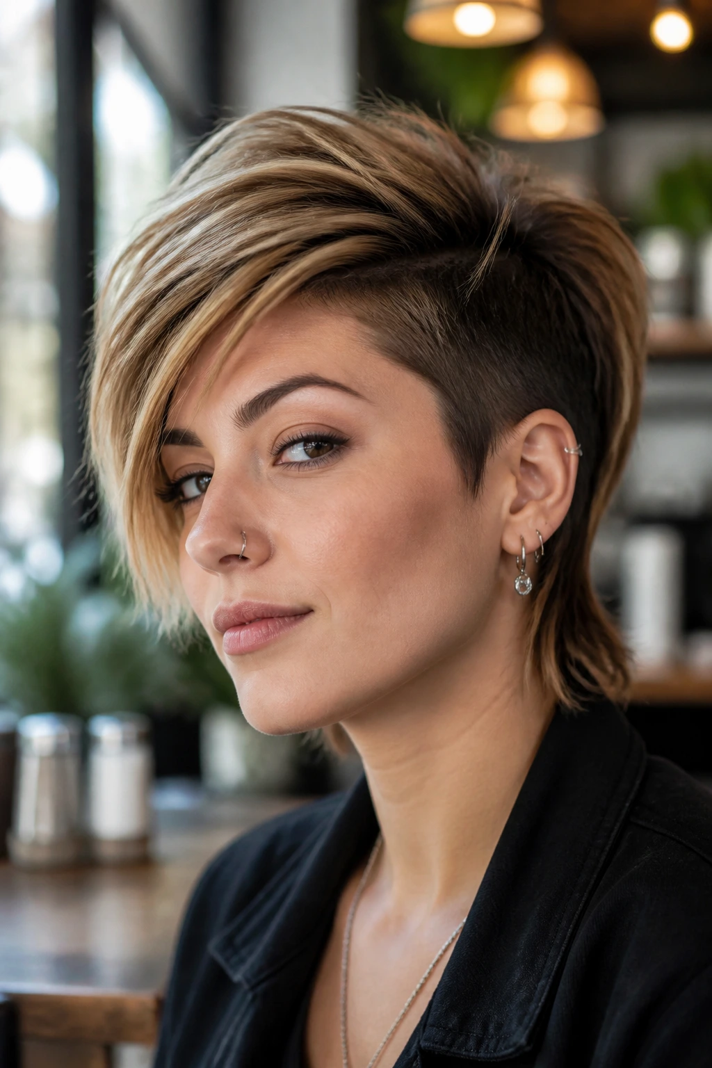 Portrait of a real person with asymmetrical side-sweep pixie mullet on straight hair