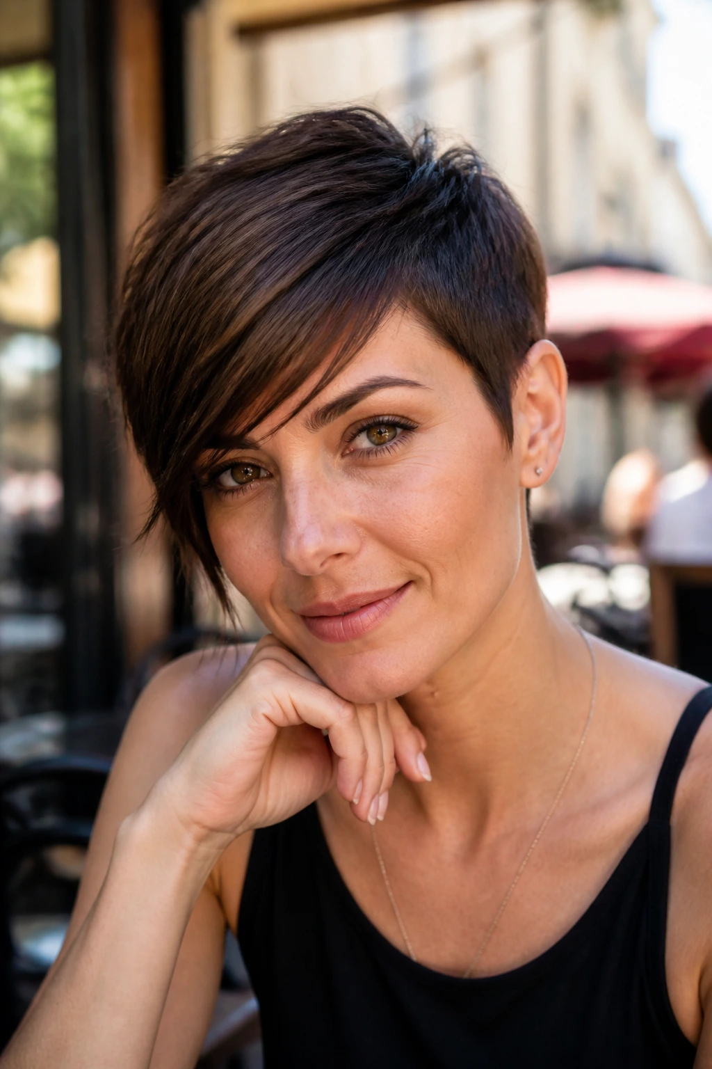 Portrait of a real woman with an asymmetrical side-sweep pixie