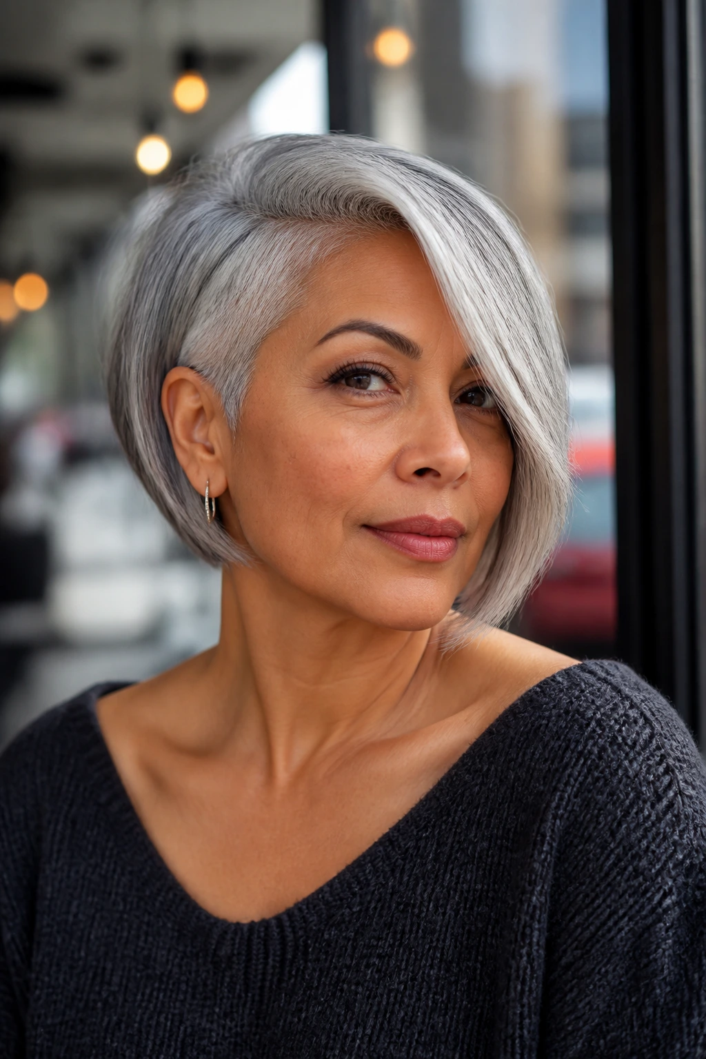 Portrait of a real person with an asymmetrical silver bob.