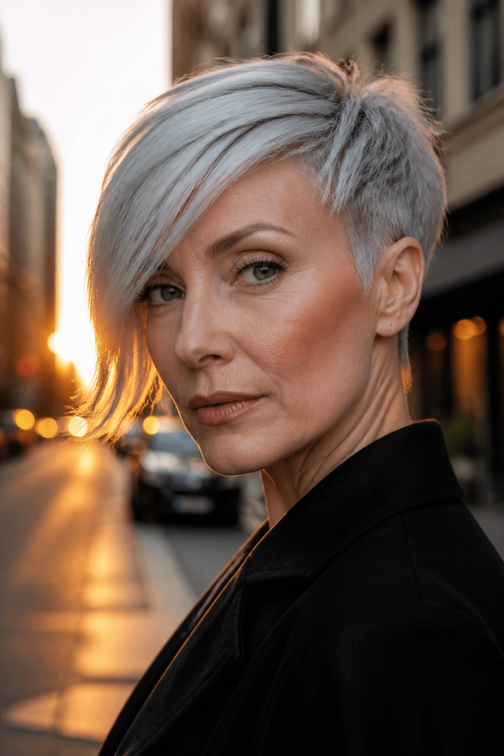 Real woman with asymmetric silver crop and long fringe on urban street at golden hour