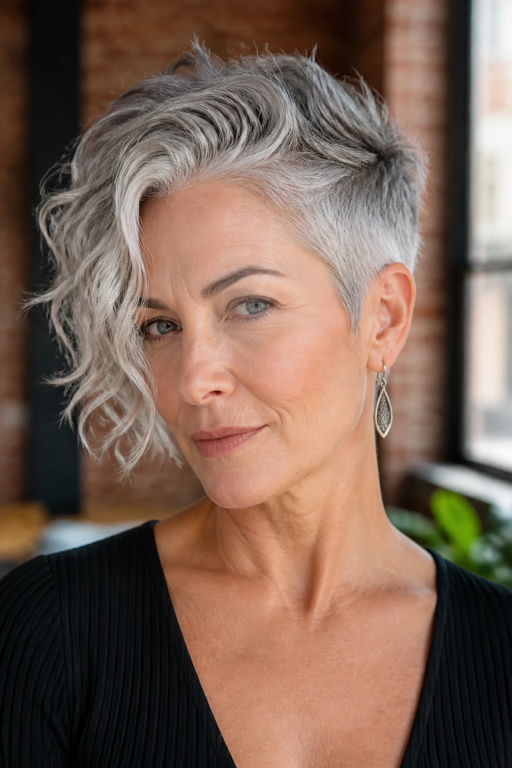 Portrait of a woman with a piecey asymmetrical silver pixie in a bright loft.