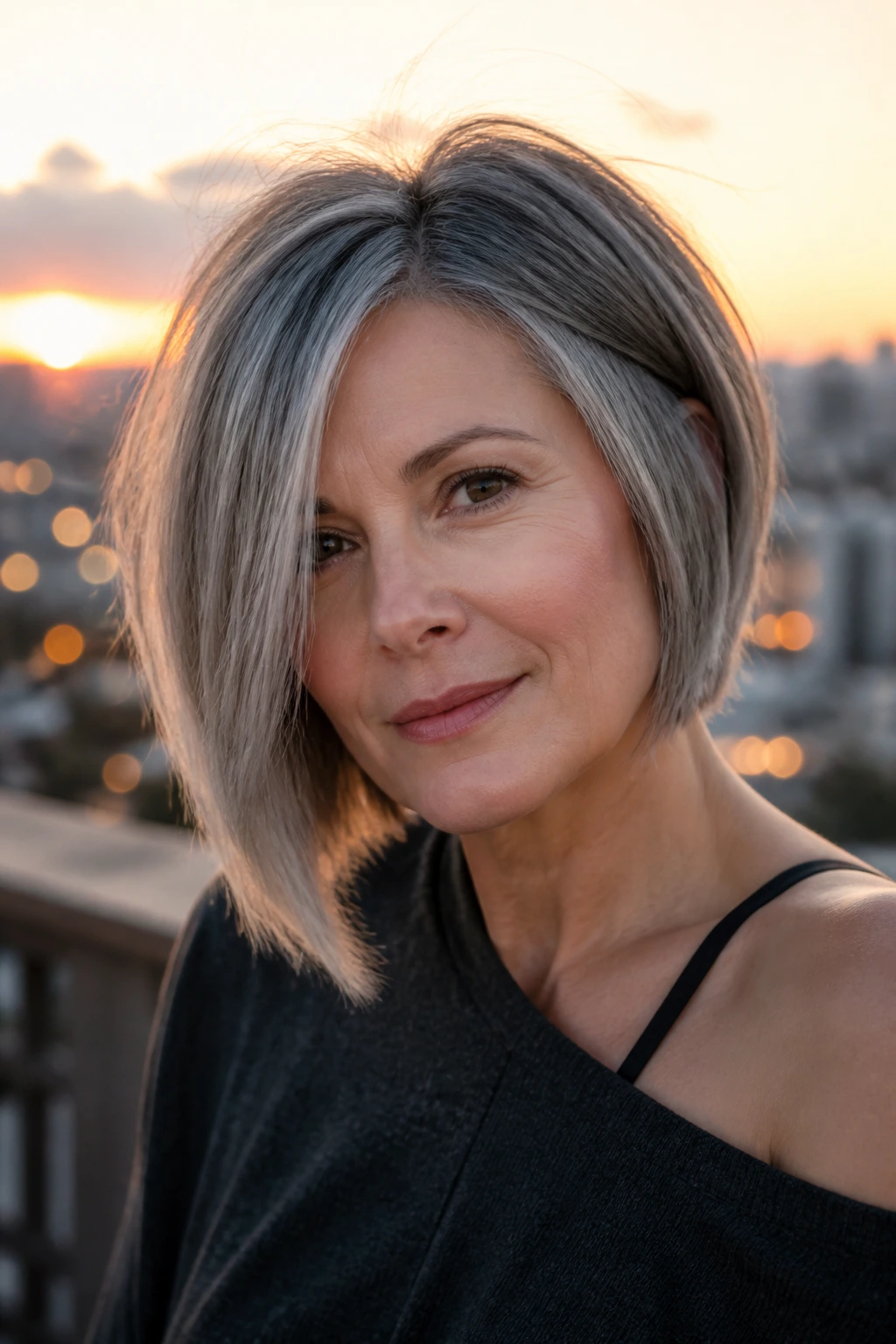 Close-up portrait of a real woman with an asymmetrical smoke bob on a rooftop at golden hour.