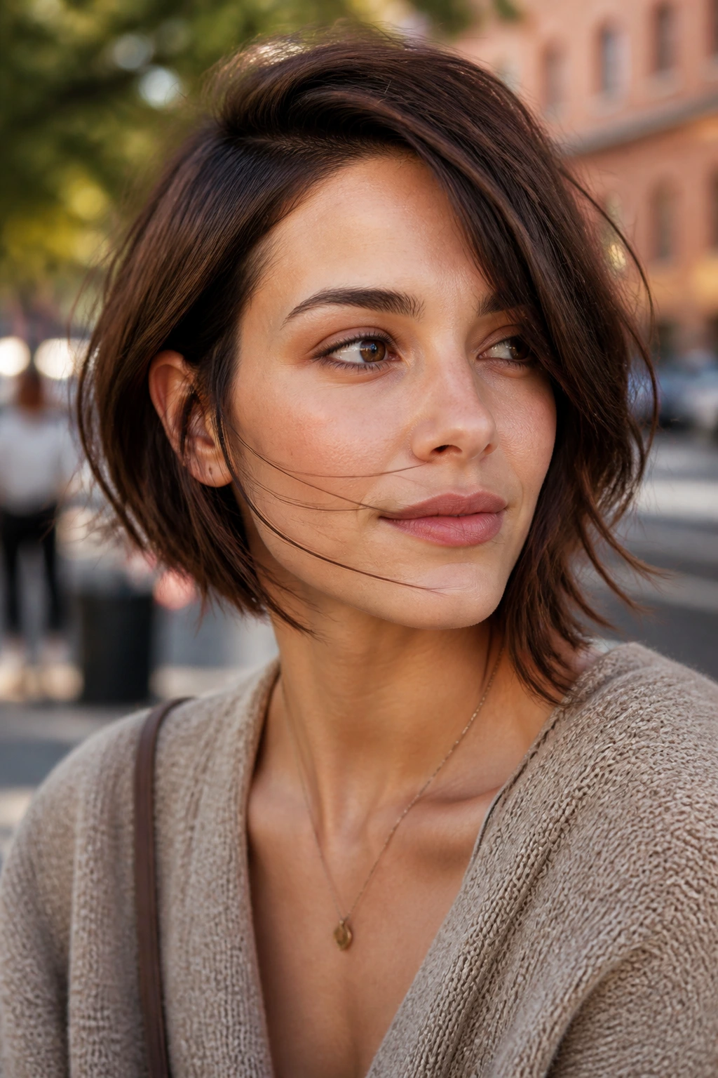 Close-up of a real woman with an asymmetrical sweep bob