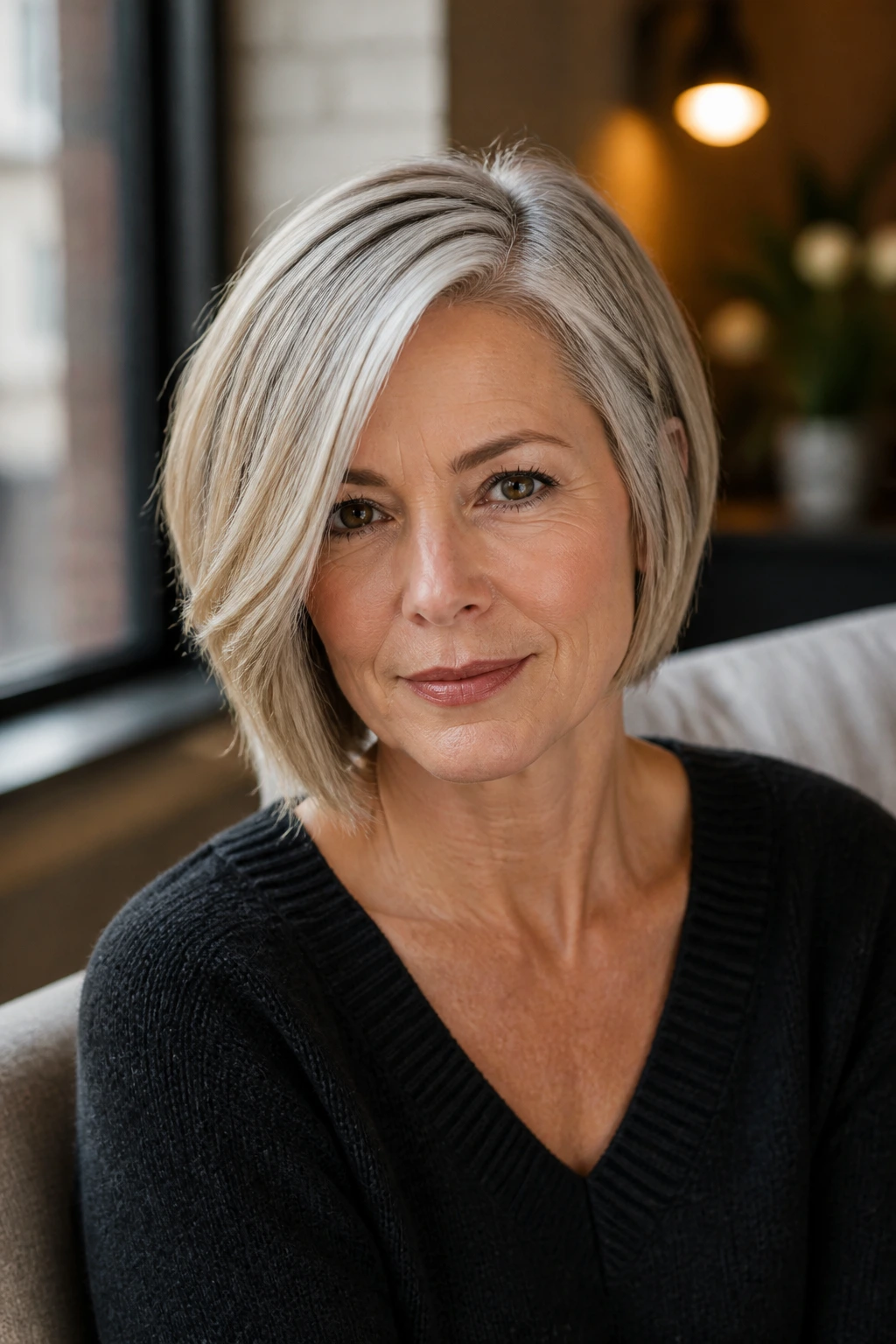 Portrait of a real woman in her 50s wearing an asymmetrical sweep bob