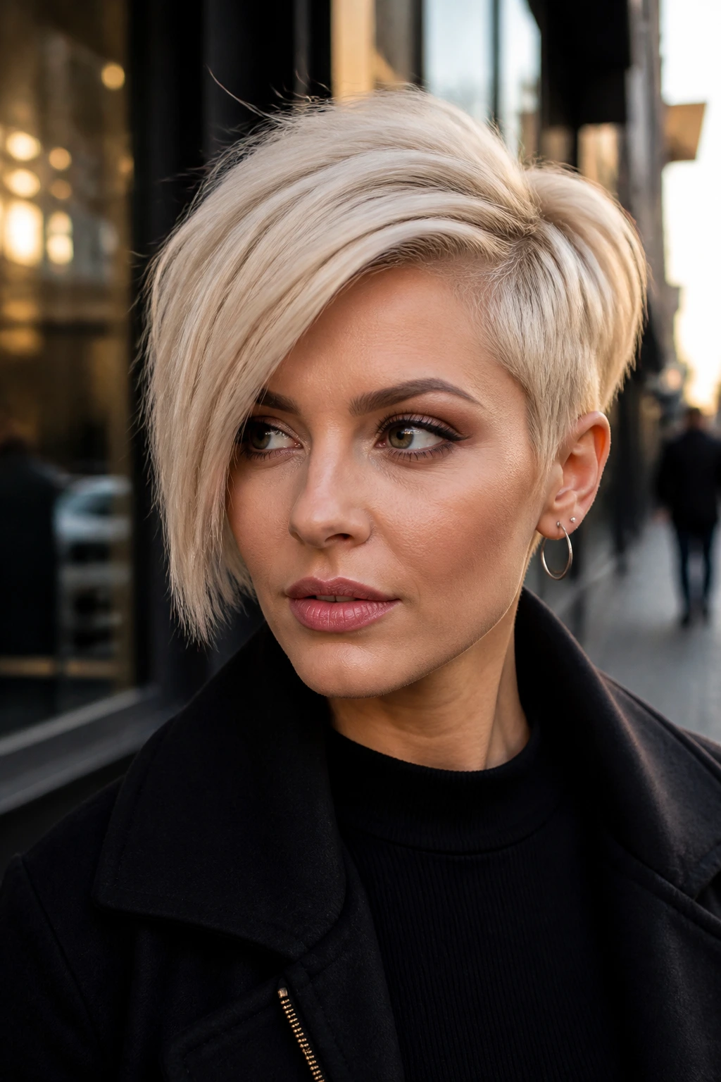Real woman with platinum asymmetrical sweep pixie, urban street setting