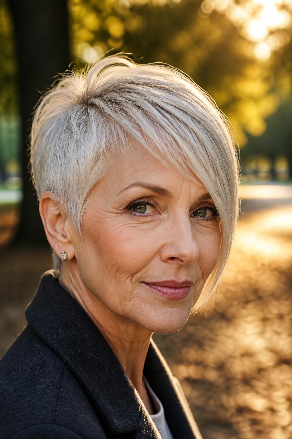 Real woman with asymmetrical sweep pixie in golden hour light