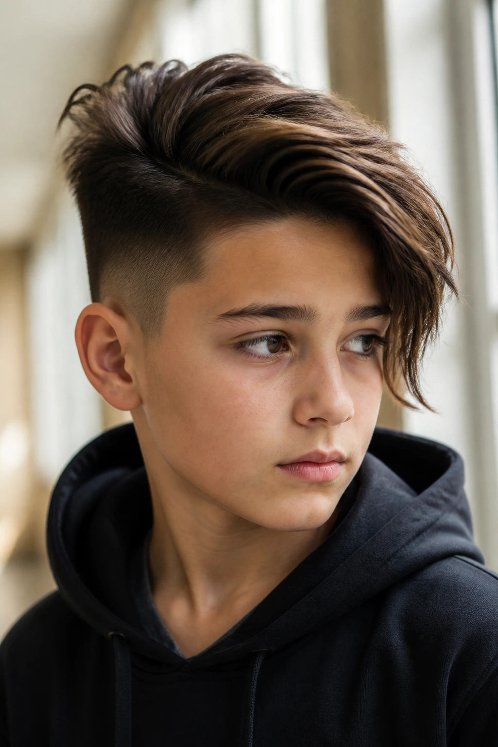 Close-up portrait of a real boy with asymmetrical sweep undercut showing diagonal top and longer side