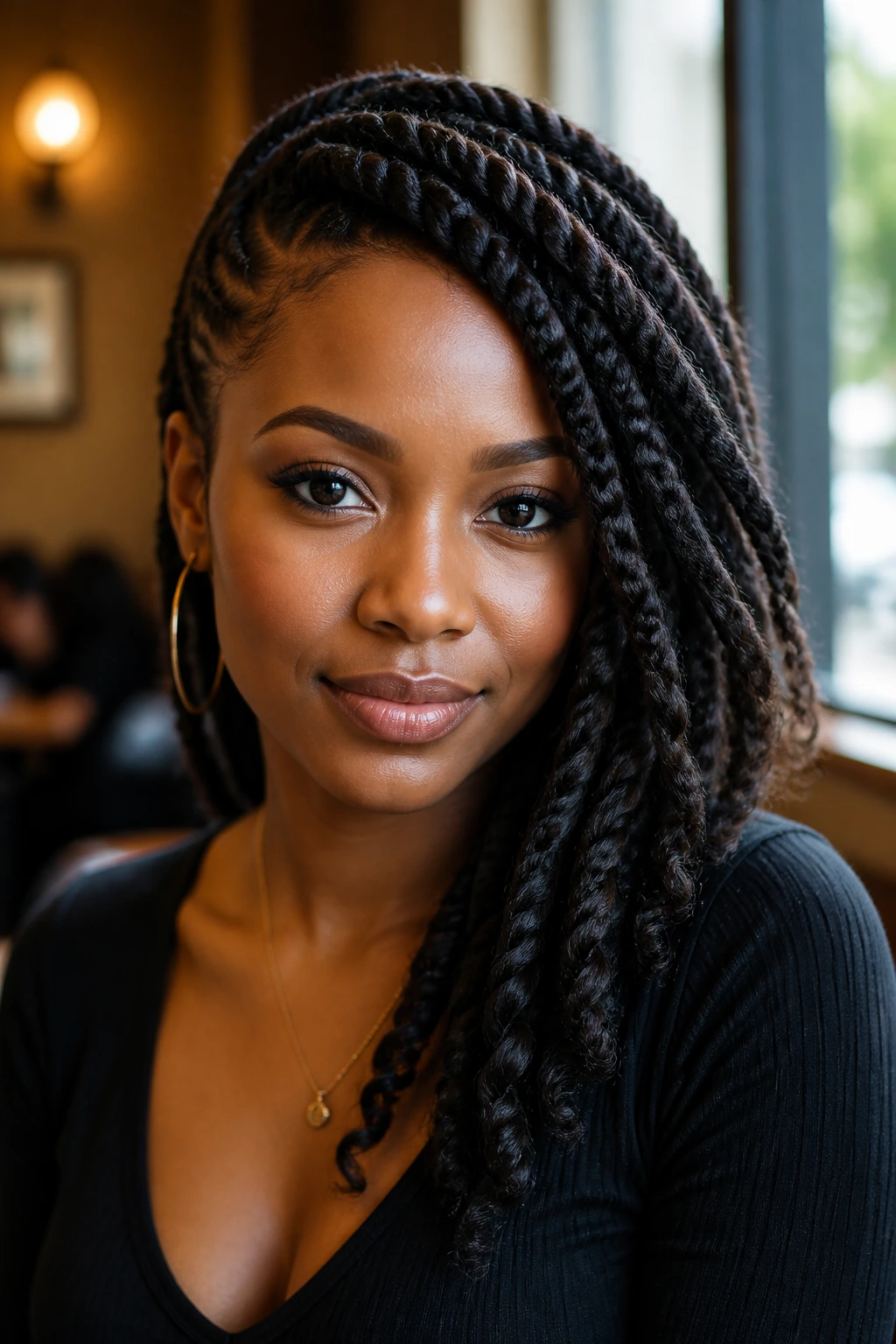 Close-up of a real woman with asymmetrical swept twists creating a bold diagonal line