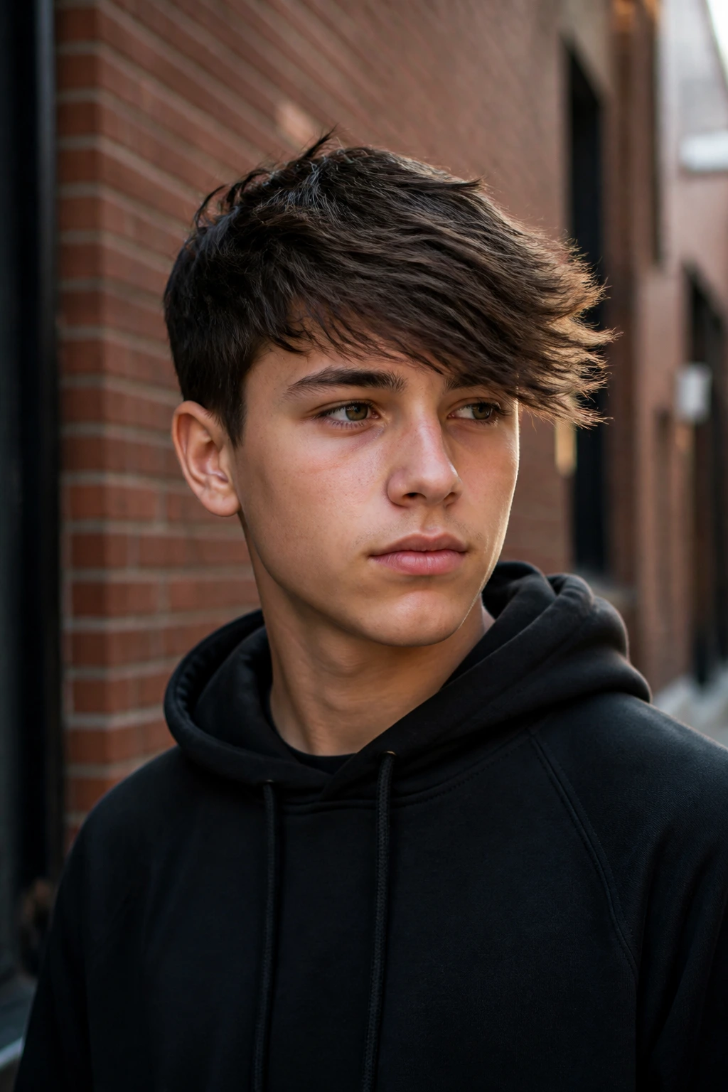 Portrait of a boy with an asymmetrical swoop hairstyle against an urban brick backdrop