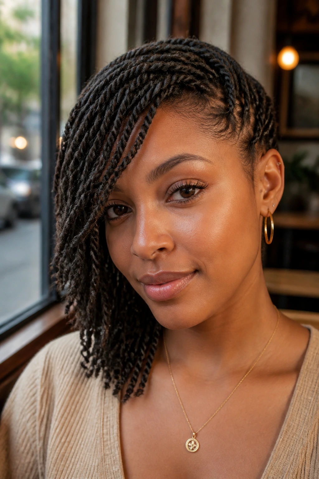 Close-up of a real woman with asymmetrical side sweep twists