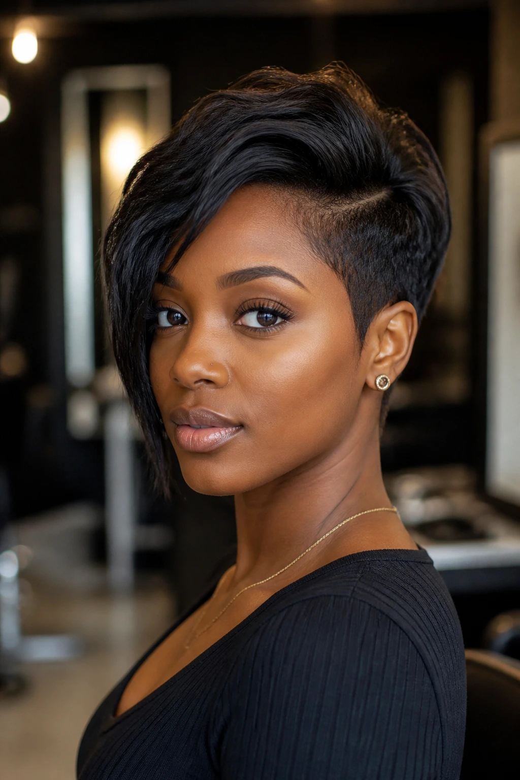 Profile portrait of a real woman with asymmetrical two-block haircut showing longer and shorter sides