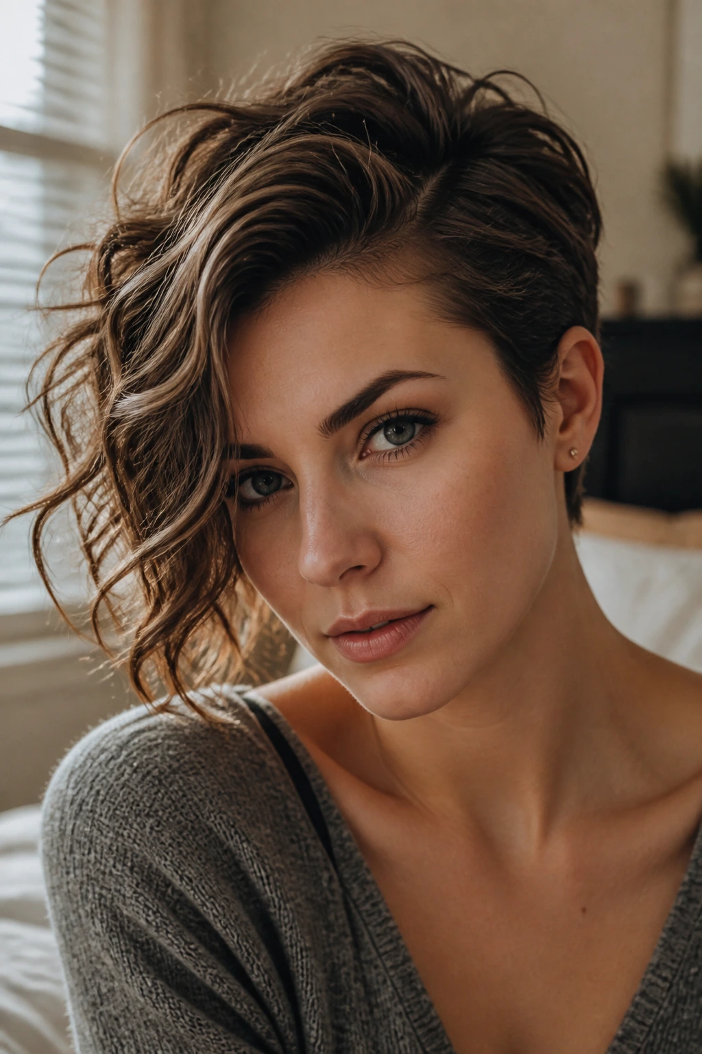 Close-up portrait of a real woman with an asymmetrical side volume hairstyle in warm window light