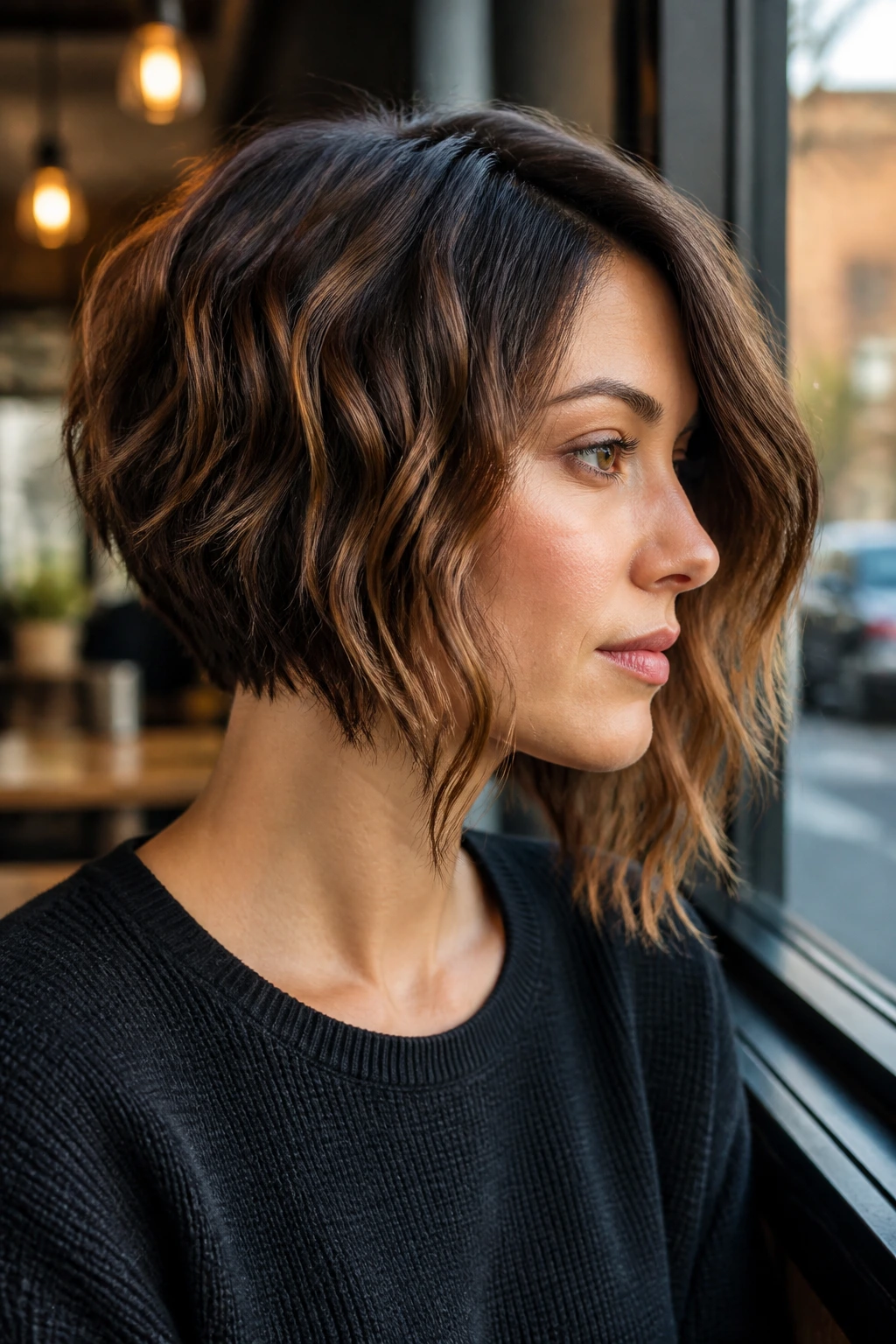 Close-up portrait of a real woman with an asymmetrical wave bob hairstyle