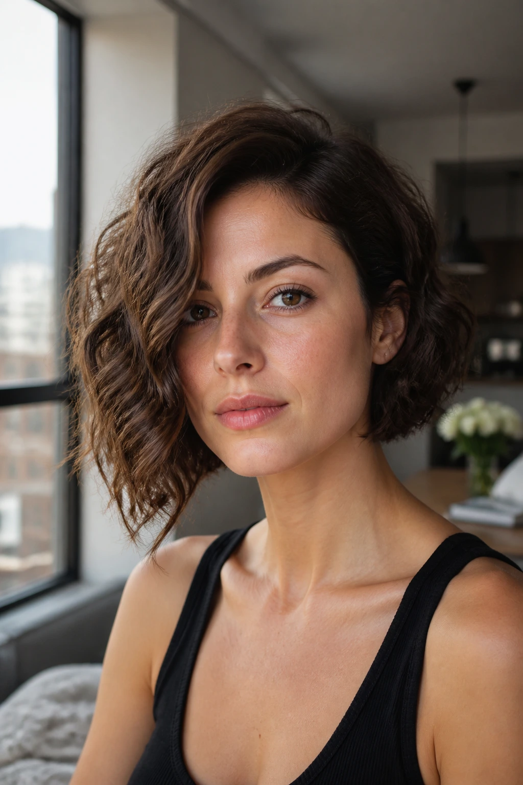 Close-up portrait of a real person with an asymmetrical wave bob and diagonal length variation.