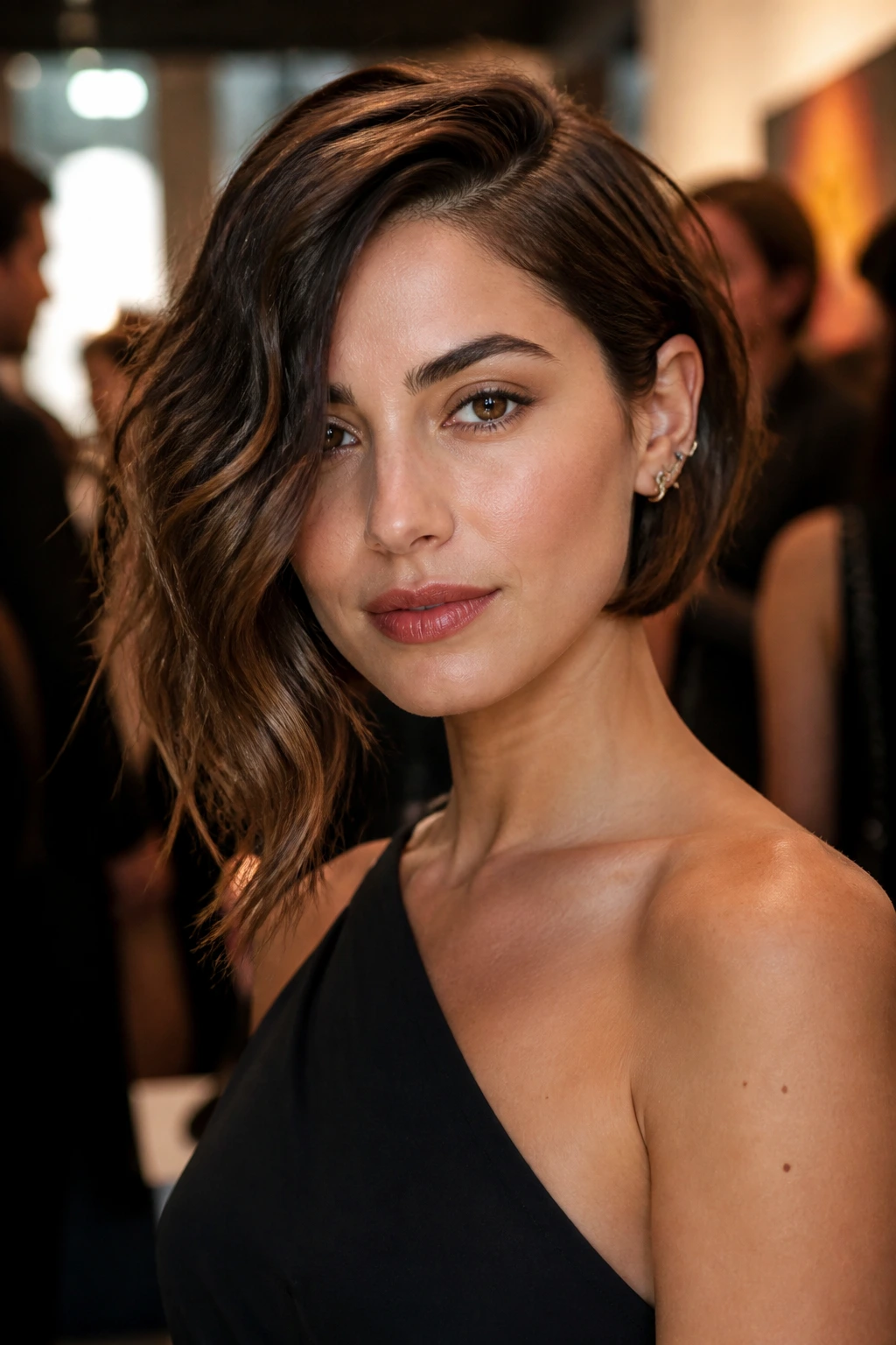 Close-up portrait of a real woman with an asymmetrical wave bob at a gallery opening