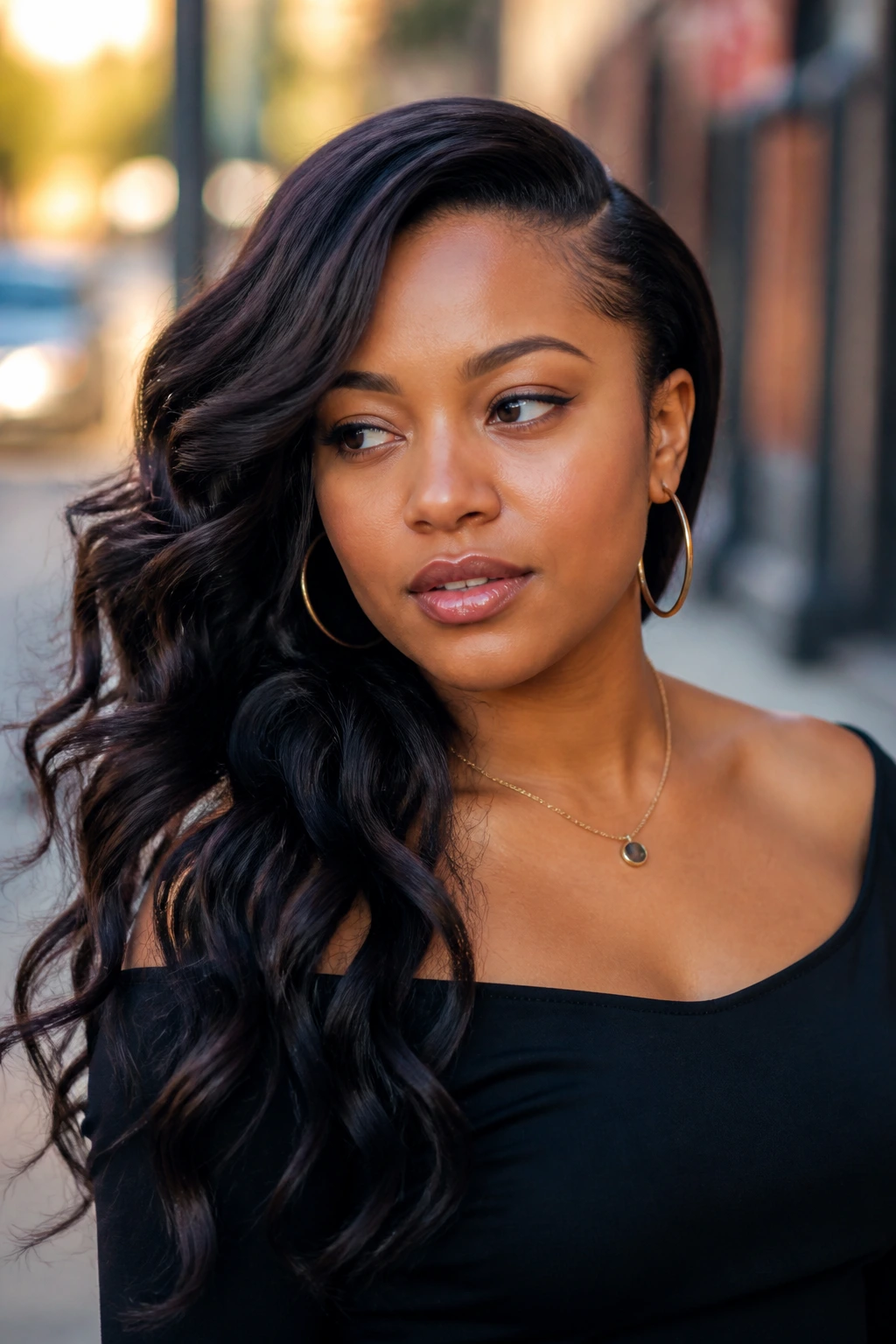 Portrait of a real woman with asymmetrical side-sweep waves and motion
