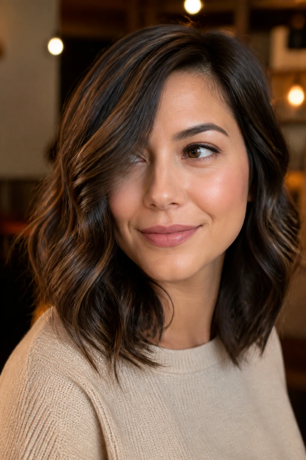 Portrait of a real woman with front pieces curling away from the face.