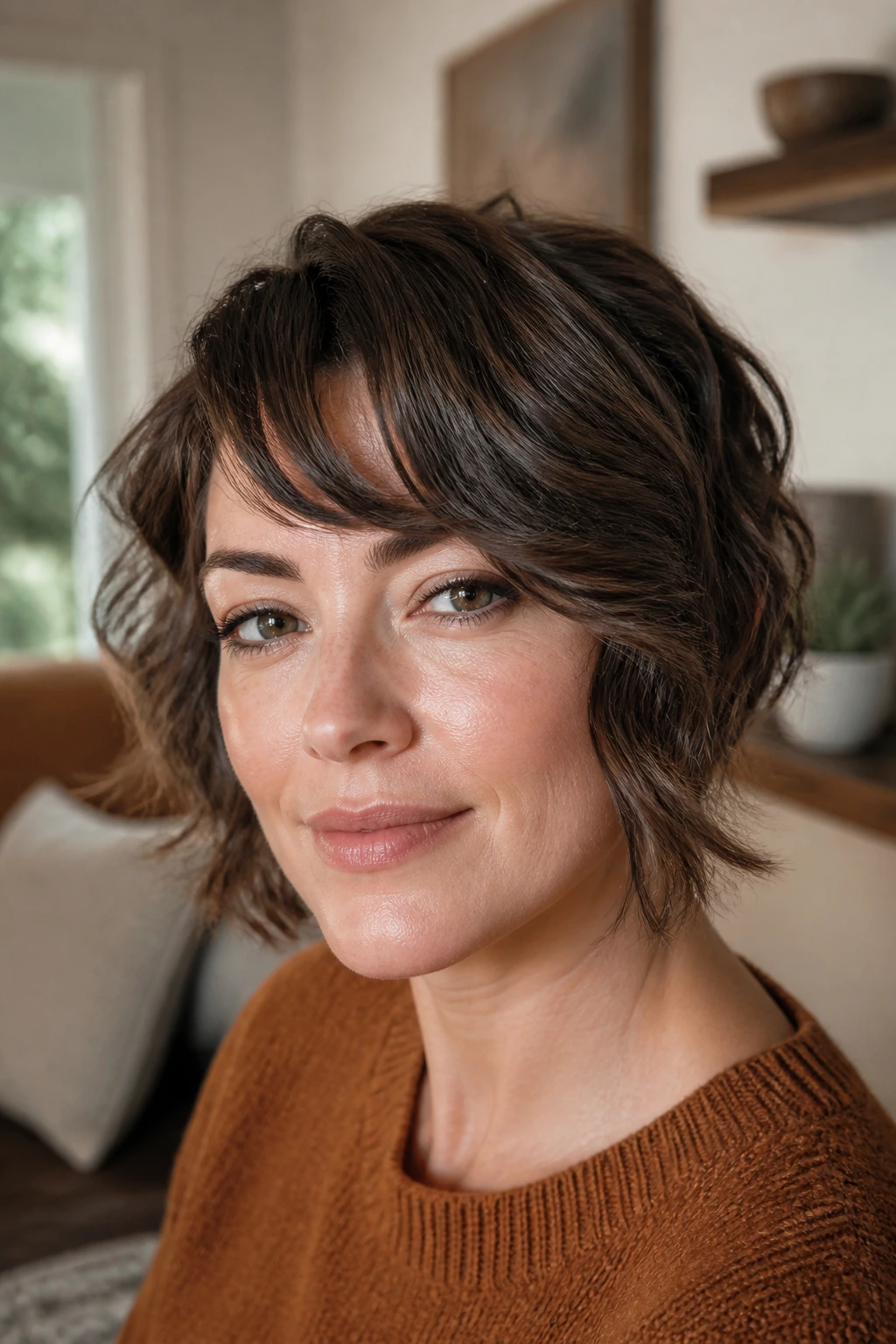 Real woman with asymmetrical wavy bangs in a portrait.