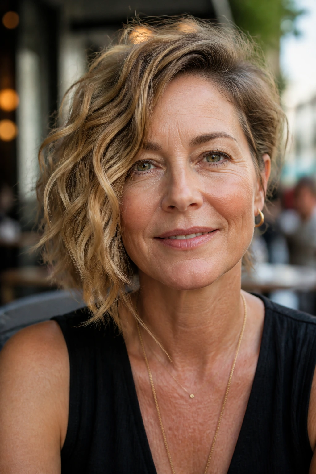 Real woman with an asymmetrical wavy bob in an urban cafe setting