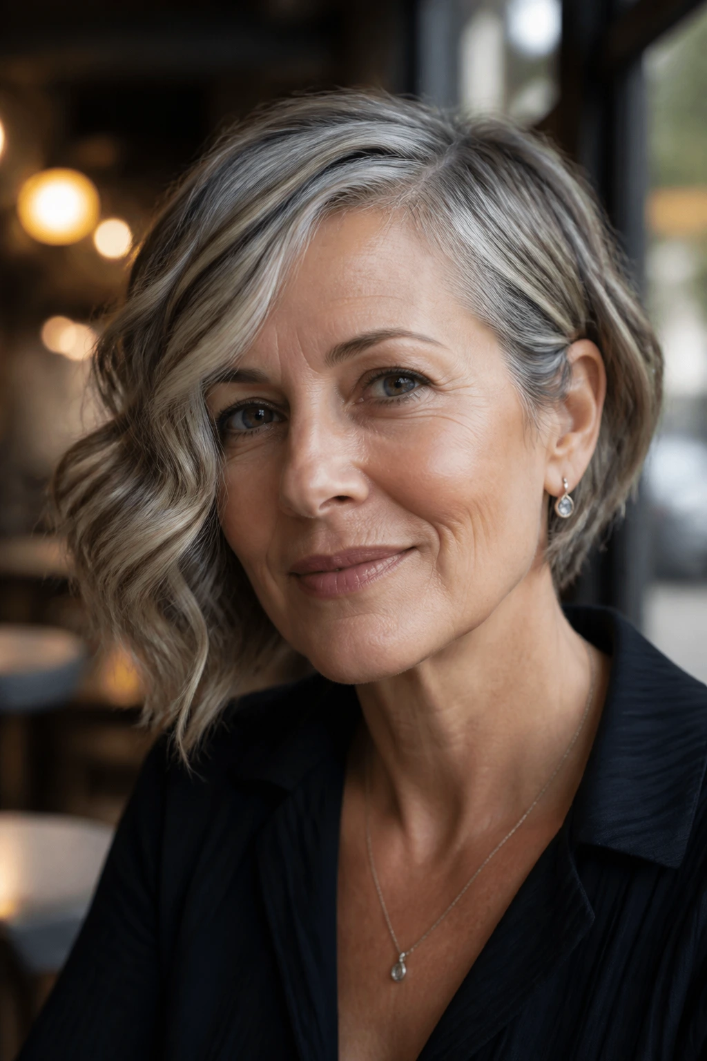 Close-up of a real woman wearing an asymmetrical wavy bob