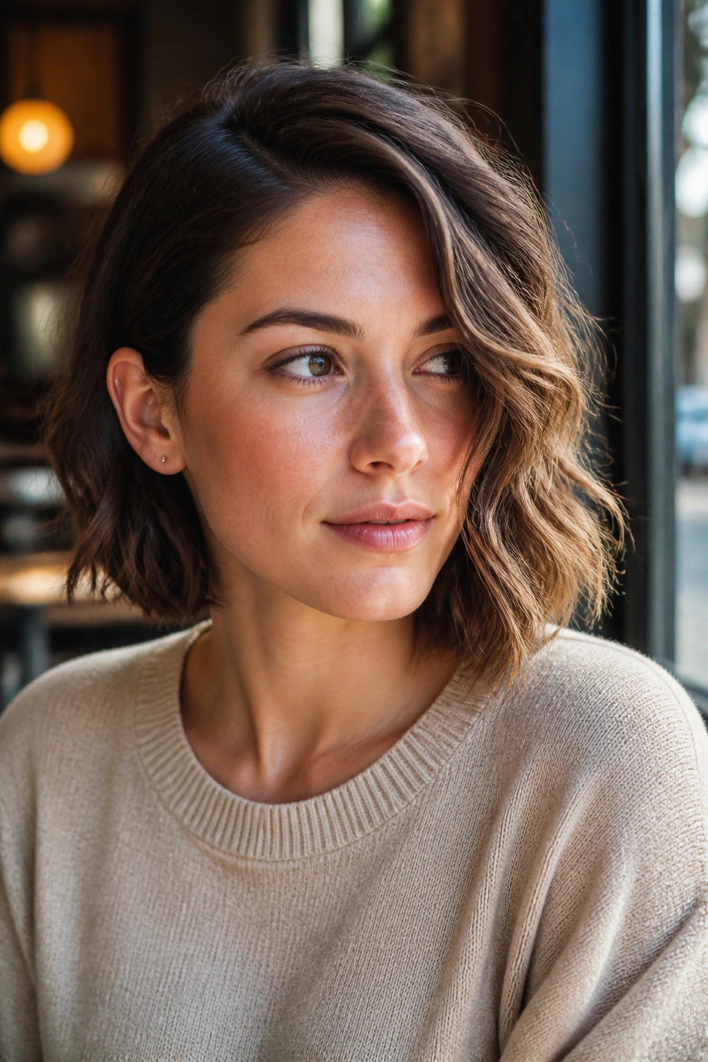 Portrait of a real woman with subtle asymmetrical wavy bob in warm light