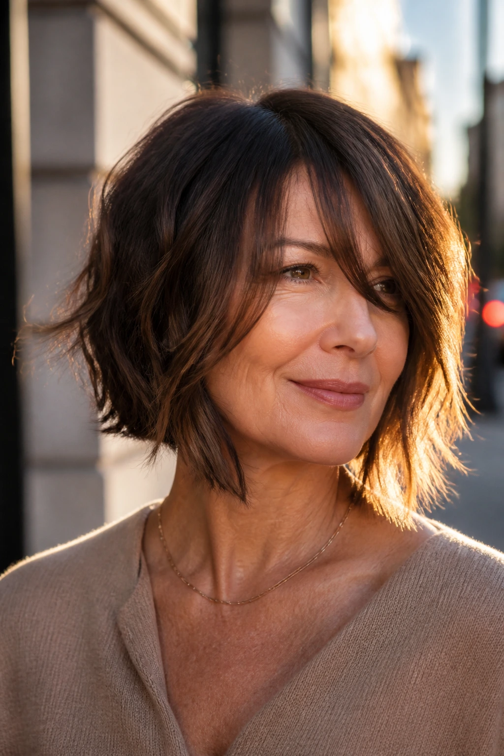 Portrait of a real woman with an asymmetrical wavy bob and long fringe