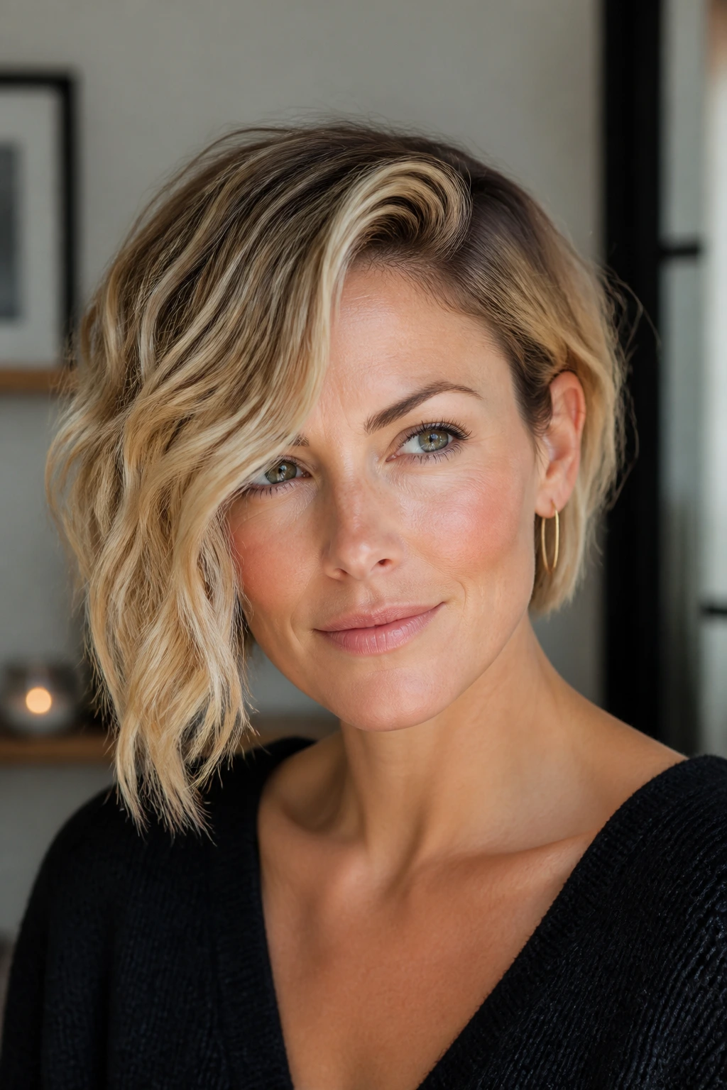 Close-up portrait of a real woman with an asymmetrical wavy bob, longer side grazing the chin and shorter side tucked behind the ear.