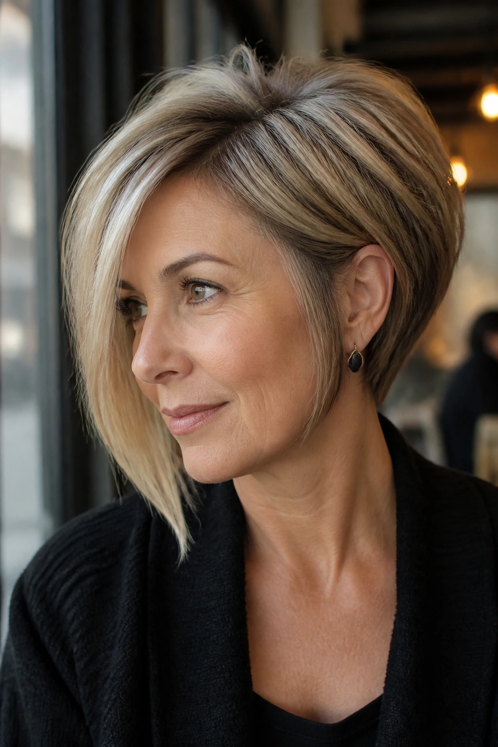 Real woman with an asymmetrical wedge cut and distinct diagonal line